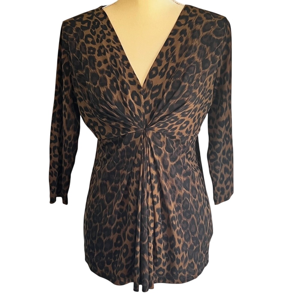 New York & Company Women's Leopard Print Twist Front‎ 3/4 Sleeve Top Blouse M